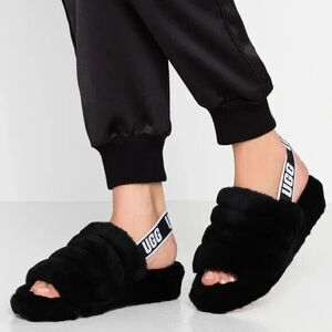 UGG Womens 6 Fluff Yeah Slide Black Slippers‎ Sling Back Logo